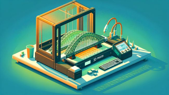 A 3D printer on a table meticulously crafting a scale model of a futuristic bridge, showcasing the precision of 3D printing technology in the field of civil engineering.