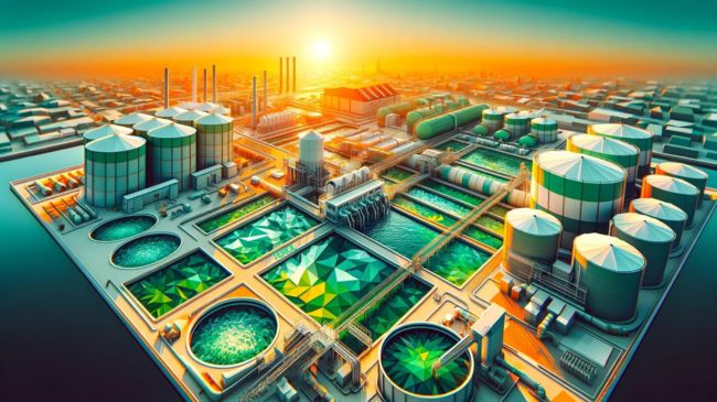 Low-poly art inspired aerial view of sewer systems in an urban environment at sunrise with green and orange hues.