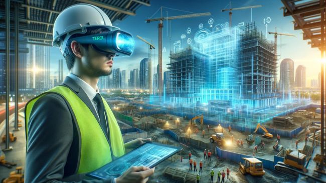 An engineer using AR glasses to visualize architectural designs on a construction site, embodying digital trends and tools in civil engineering.