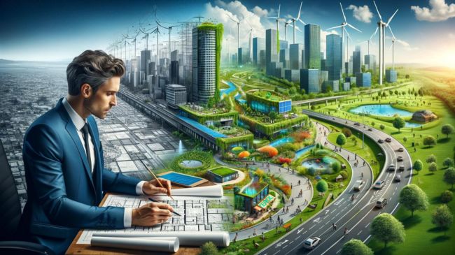  Illustration of a civil engineer designing sustainable green urban infrastructure, transitioning from plans to reality.