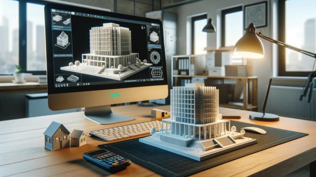 An office desk featuring a 3D printed architectural model of a building next to a computer screen displaying the building's BIM model, highlighting the integration of BIM in project management.