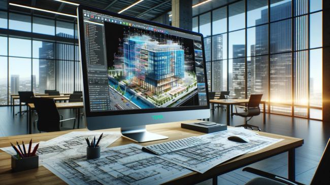 A computer screen displaying a 3D BIM model of a building project, emphasizing digital trends and BIM tools in civil engineering within a modern workspace