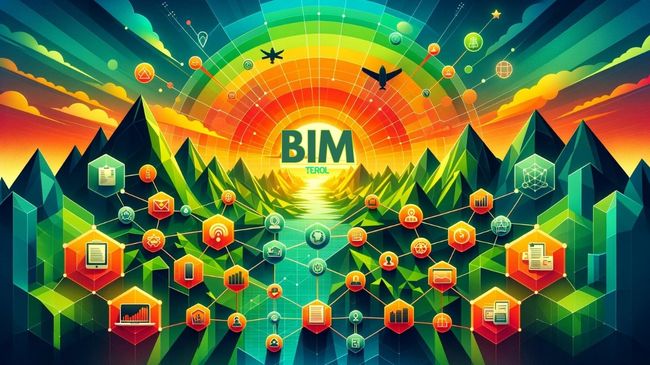 Conceptual digital interface of BIM on Project Management with interconnected hexagonal icons.