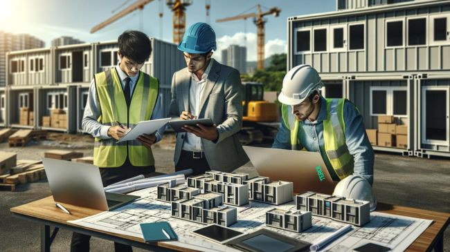 Three civil engineers discussing over blueprints at a modular construction site with cranes and structures in the background.