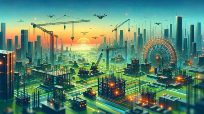 Digital illustration of an evolving cityscape with futuristic construction and engineering technologies