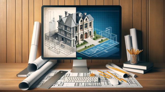 Split-screen display showing a traditional architectural blueprint on one side and a digital 3D BIM model on the other, illustrating the integration of BIM in project management