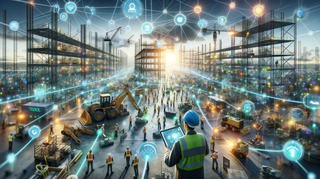 A wide, realistic depiction of a bustling construction site during sunrise, enhanced with IoT connectivity showing workers, machinery, and digital data overlays.