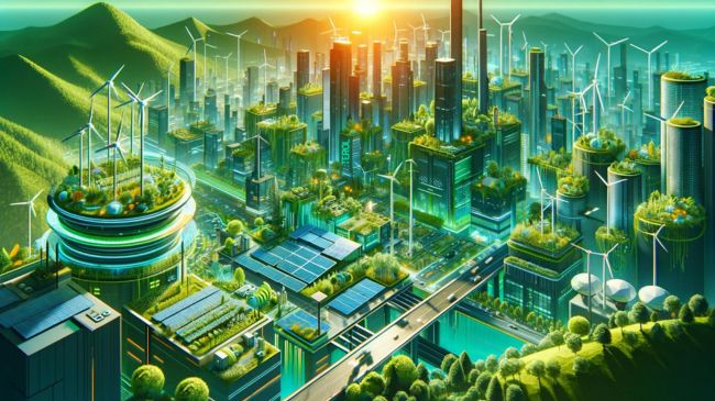 Futuristic cityscape demonstrating Sustainable Green Infrastructure with green roofs, solar panels, and wind turbines set against a vibrant sunrise.