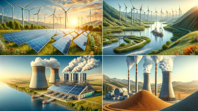  Realistic depiction of solar panels, wind turbines, a hydroelectric dam, geothermal station, and a biomass plant showcasing renewable energy.