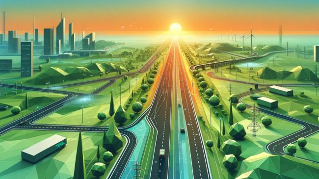 A low-poly graphic of a futuristic road stretching towards a city with a sunrise backdrop, featuring greenscapes and smart road technologies.