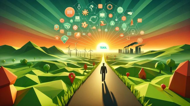 Illustration of a silhouetted figure walking towards a sunrise on a pathway, symbolizing the journey of leveraging BIM and Civil 3D integration in civil engineering, with low-poly style hills, wind turbines, and engineering icons in the sky.