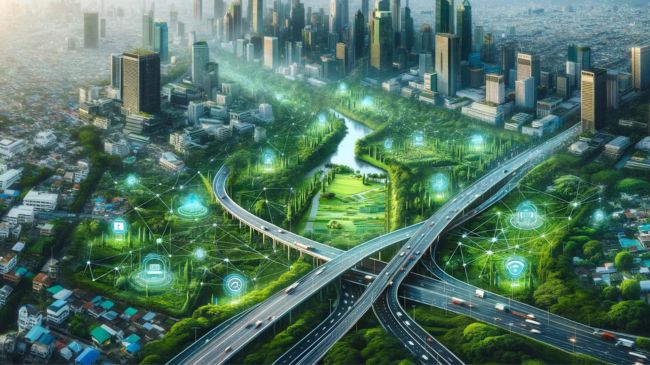 A smart cityscape showing effective road design with integrated green spaces and IoT connectivity.