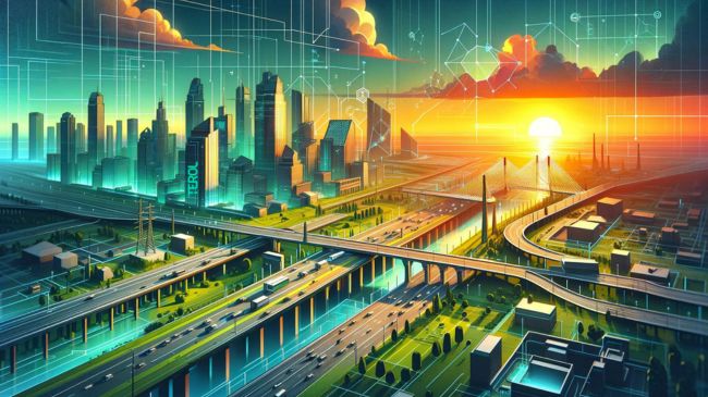 A wide-format, 3D low-poly digital illustration of a futuristic cityscape with resilient infrastructure at sunrise, featuring the role of BIM technology overlays.