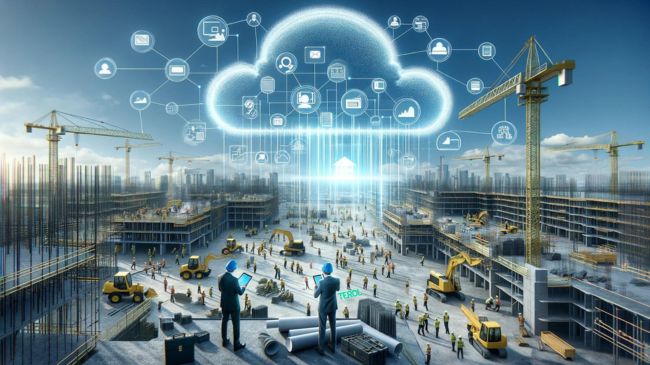 Digital cloud network over a civil engineering construction site, symbolizing cloud computing integration with workers and machinery in action