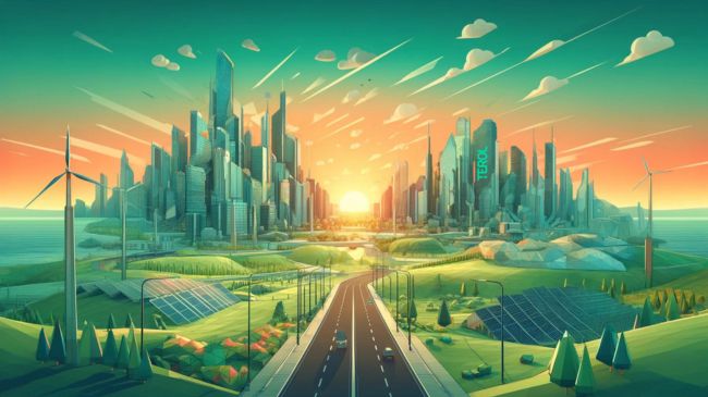 Illustration of a sustainable, futuristic cityscape at sunrise with renewable energy sources in a low-poly style. - Adaptive Civil Engineering