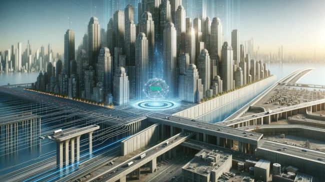 Futuristic urban landscape with self-healing concrete technologies revitalizing city infrastructure.