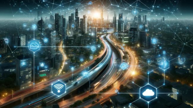 Smart cityscape infused with IoT technologies, showcasing interconnected infrastructure for a sustainable future.