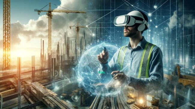 Civil engineer with VR headset manipulating 3D holographic models, blending AR and VR technologies on-site