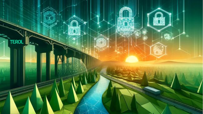 Low-poly image depicting civil engineering elements like bridges and roads, enhanced with large cybersecurity icons under a vibrant sunrise.