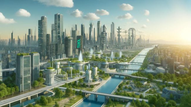  Futuristic urban landscape integrating advanced water management systems, featuring green roofs and sustainable drainage in a panoramic city view.