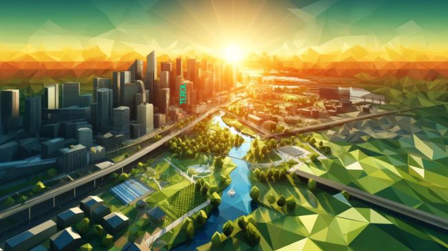 a modern cityscape with green infrastructure and water bodies at sunrise - Water Reuse and Management Strategies