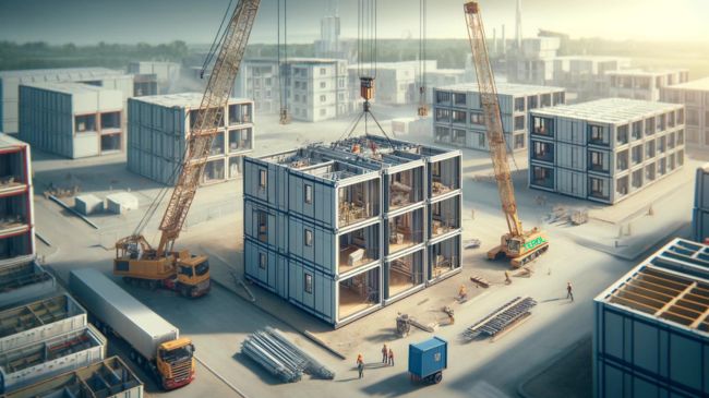 Construction site with cranes lifting modular parts into place and workers assembling them.