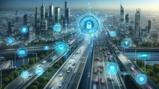 Conceptual image of cybersecurity measures protecting smart road infrastructure with digital shields and locks.