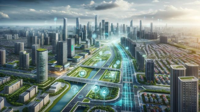 Inspirational futuristic cityscape with smart roads and advanced infrastructure, emphasizing real-time data displays, energy generation, and connectivity elements.