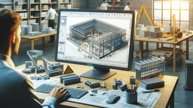 A BIM model displayed on a computer screen with various prefabricated building components being assembled by engineers and workers in a modern office or construction site.