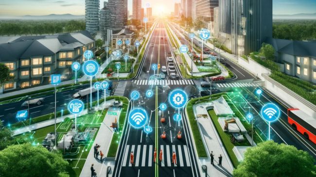 A smart road with IoT devices, adaptive traffic signals, smart streetlights, and pedestrian safety features such as illuminated crosswalks and real-time alert systems, set in an urban environment with modern buildings and green spaces.