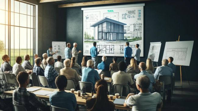 Community meeting where engineers present plans to engaged community members, including young individuals, in a town hall, with a projector screen displaying architectural plans.