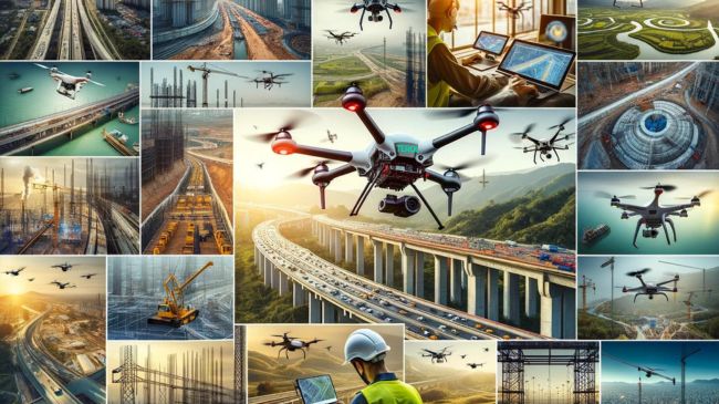 Collage of drones in various civil engineering applications, such as surveying, monitoring, and inspecting. The image shows realistic scenes of drones flying over construction sites, monitoring project progress, and inspecting infrastructure.