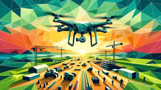 Drone flying over a construction site with workers and machinery in a low-poly style, featuring various shades of green and touches of orange in the sunrise sky.