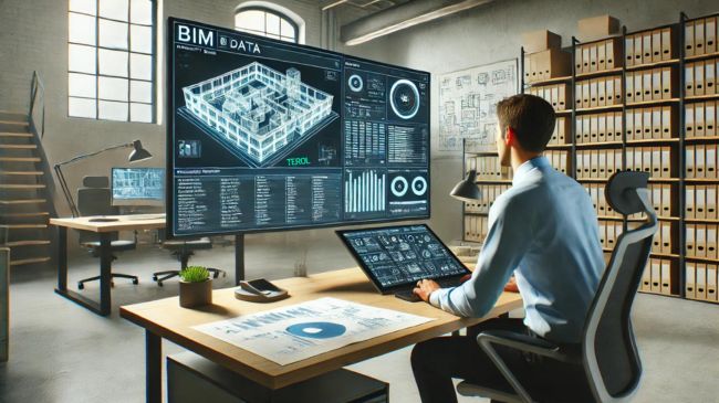 Facility manager reviewing detailed BIM data on a high-resolution screen in a modern office environment.