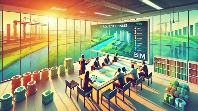 A vibrant, low-poly style illustration of engineers and architects discussing around a table with a digital BIM model on a screen, set against a sunrise-themed backdrop.