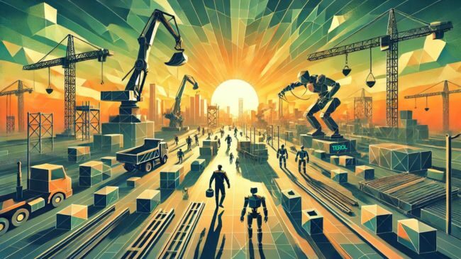 A futuristic construction site featuring robots performing various tasks such as lifting materials, operating machinery, and managing logistics. The scene includes cranes, autonomous vehicles, and other advanced construction equipment, with the sun rising in the background.