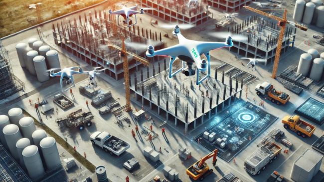 Drones flying over a construction site, capturing real-time data and monitoring progress. The scene includes advanced construction equipment, partially built structures, and 3D printing technology, with workers managing the site from the ground.