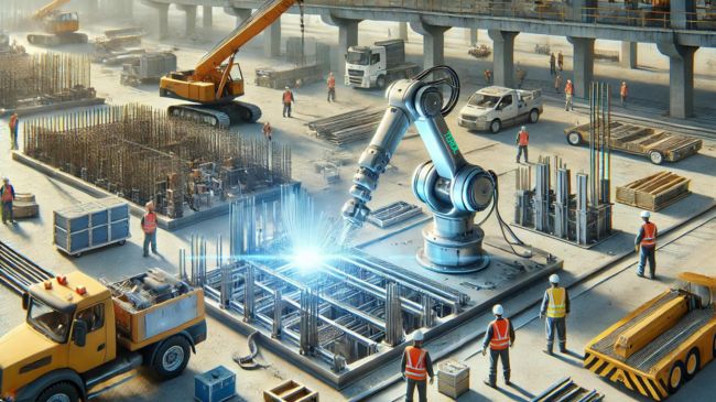 A robot precisely cutting materials and welding joints with high accuracy on a construction site. The robot is surrounded by construction equipment and partially built structures, with workers in safety gear observing and managing the robot from a safe distance.