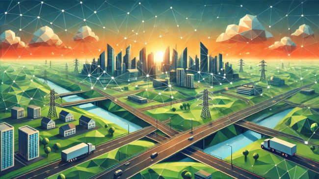 A low-poly art style image depicting the synergy of BIM and IoT in transforming smart infrastructure within a modern cityscape, featuring roads, bridges, and buildings interconnected by IoT networks under a vibrant sunrise.