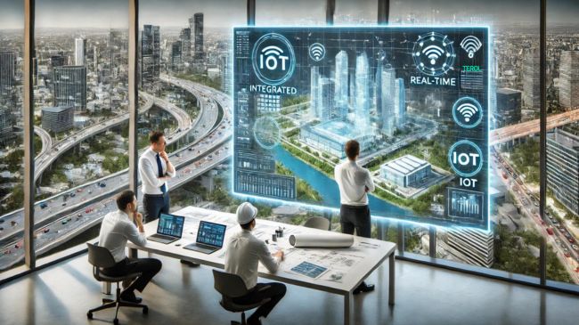 Civil engineers in a modern office discussing and analyzing a BIM model on a digital screen, with IoT data streams and a futuristic city in the background.