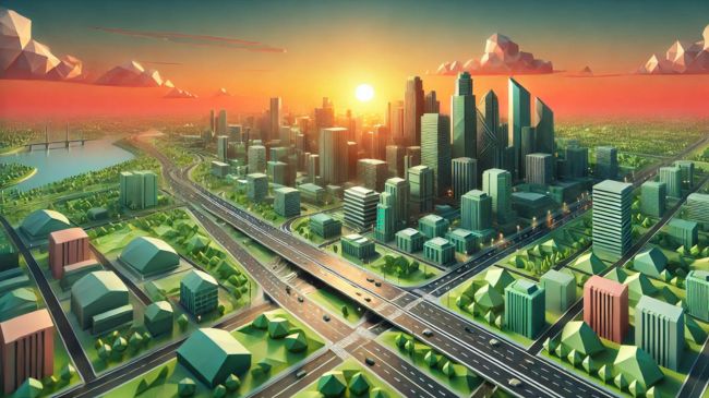 cityscape at sunrise featuring buildings and roads made from sustainable materials like geopolymer concrete and porous asphalt.