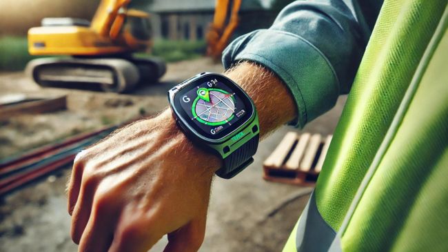 Close-up of a construction worker's wrist wearing a GPS-enabled smartwatch displaying a map and location tracking interface.