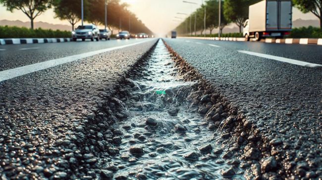 A road made of porous asphalt with water visibly draining through the surface, highlighting its permeability in a suburban or urban setting.