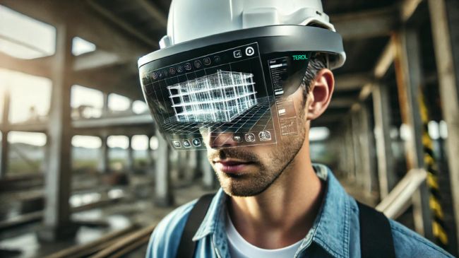 Close-up of a construction worker wearing a smart helmet with an augmented reality display projecting a 3D building blueprint on the visor.