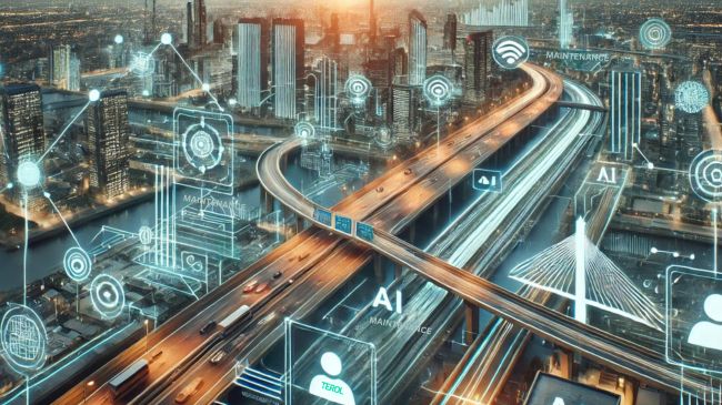 A futuristic cityscape showcasing bridges, roads, and tunnels highlighted with glowing outlines, symbolizing AI's role in predicting infrastructure maintenance needs. Digital technology overlays and data streams illustrate real-time monitoring and AI calculations.