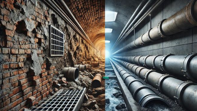 A split image comparing a crumbling, old brick sewer system on one side and a modern, clean sewer design on the other