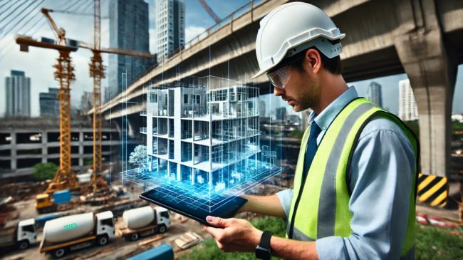 Civil engineering innovation - Engineer using a tablet with a 3D digital model and holographic overlay of a building, with a construction site in the background.