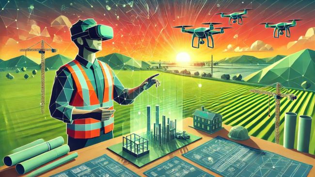 Technology trends civil engineering - Civil engineer wearing a VR headset, interacting with holographic blueprints and drones in a low-poly digital construction site."