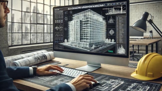 "3D digital model of a building displayed on a computer screen with BIM software, reviewed by a civil engineer in an office.