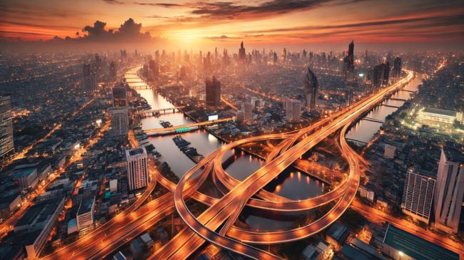 High-angle view of a cityscape with highways, bridges, and water systems illustrating urban infrastructure.